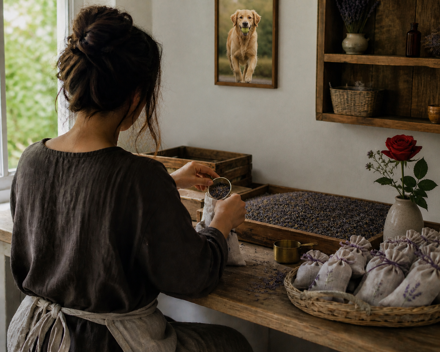 Femme préparant des sachets de lavande artisanaux sur une table en bois en Provence