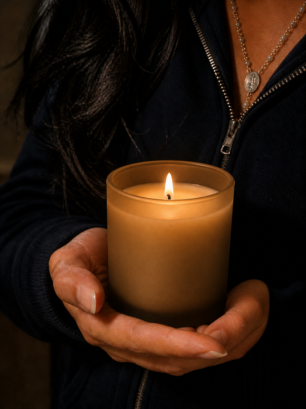 Hand holding a lit natural Provence lavender candle in a frosted glass jar