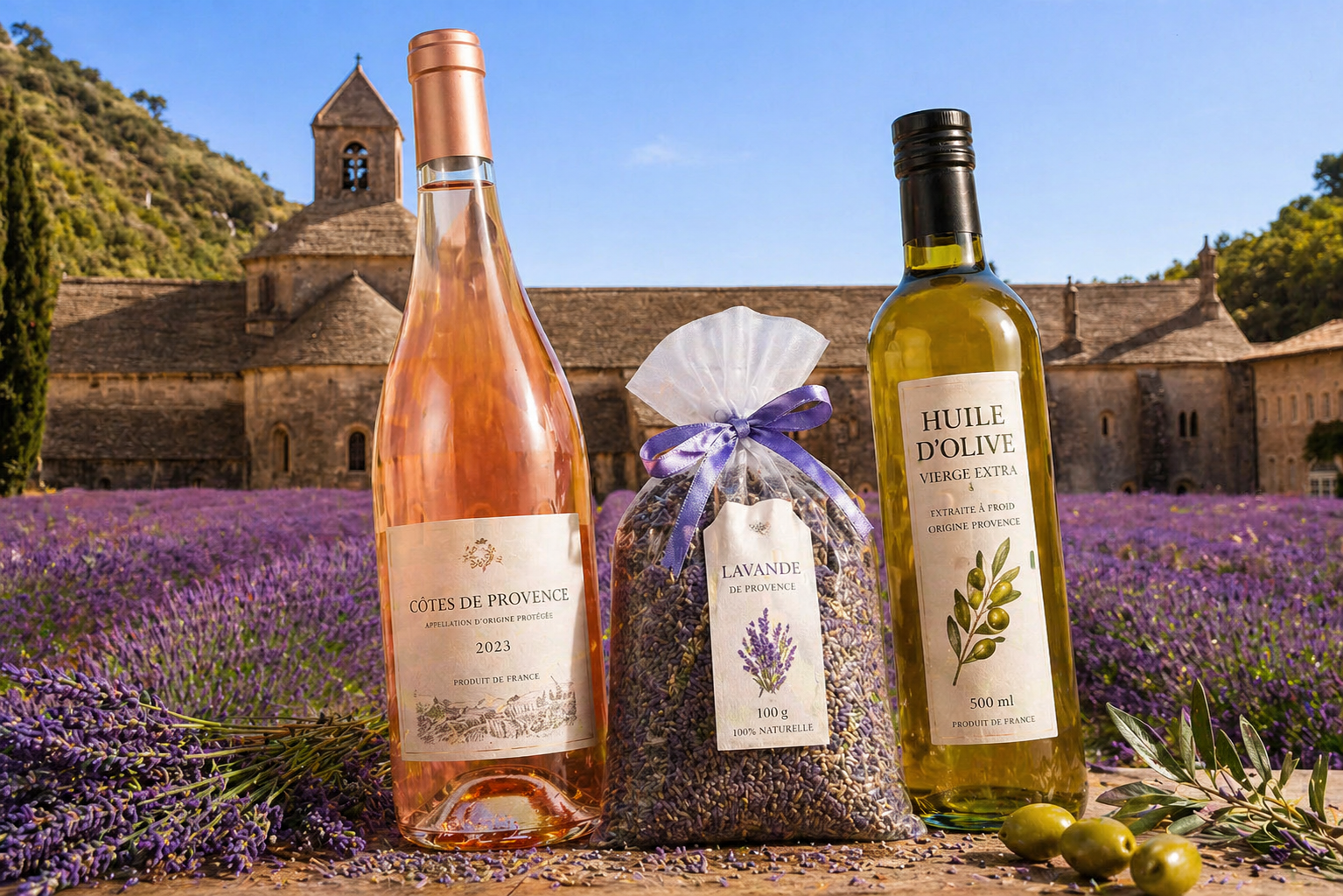 Vin rosé, sachet de lavande et huile d’olive de Provence devant un champ de lavande