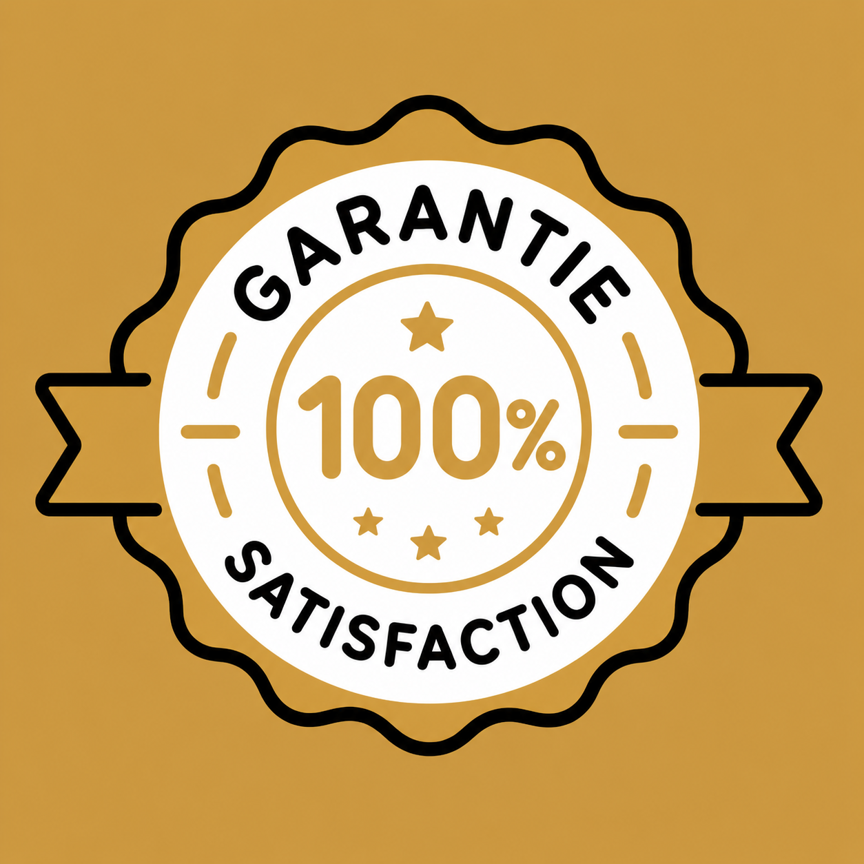 Gold badge with 'Garantie 100% Satisfaction' for customer satisfaction guarantee
