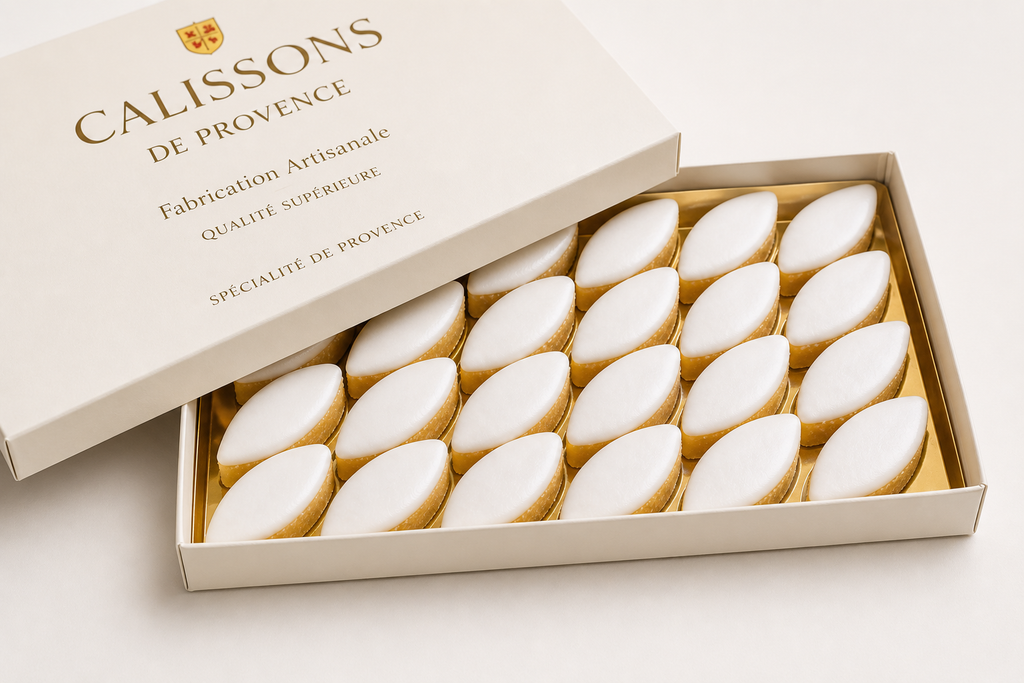 Box of artisanal Calissons de Provence sweets with white icing, neatly arranged.