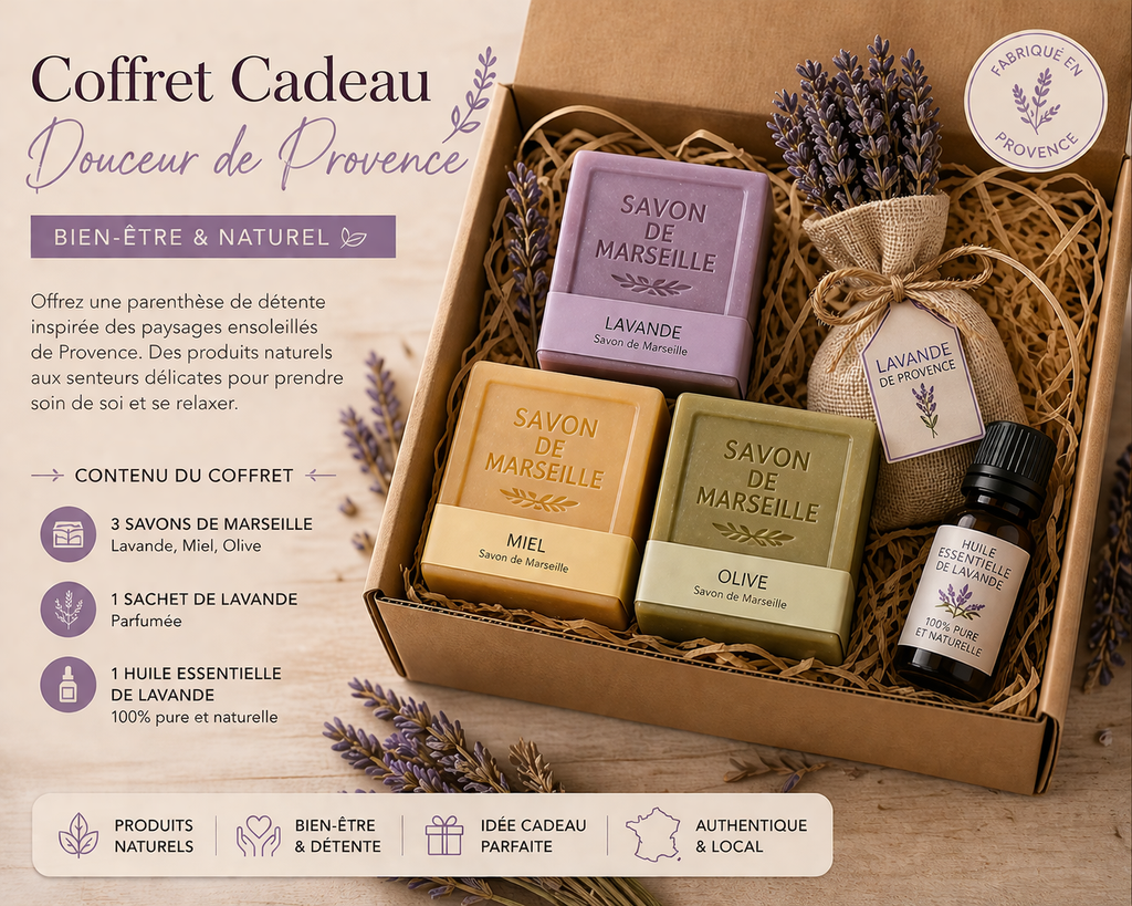 Coffret cadeau bien-être Provence avec savons de Marseille, sachet de lavande et huile essentielle.