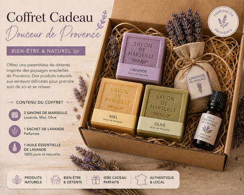 Coffret cadeau bien-être Provence avec savons de Marseille, sachet de lavande et huile essentielle.