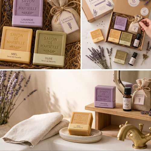 Coffret bien-être de Provence avec savons de Marseille lavande, miel, olive, huiles et sachet de lavande.