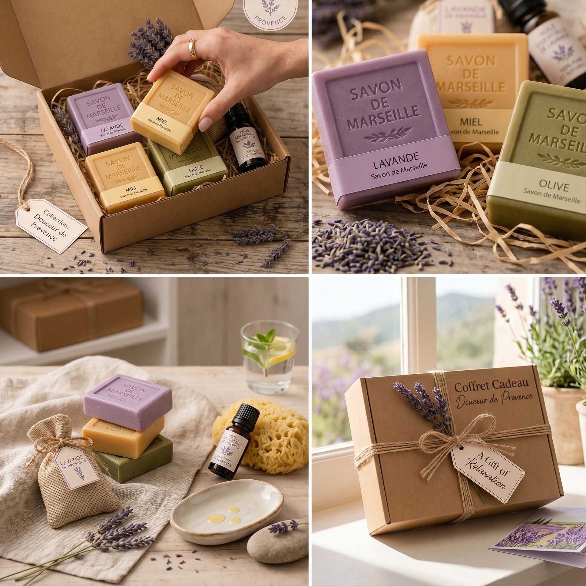 Coffret cadeau bien-être provençal avec savons de Marseille, lavande, miel et huiles.