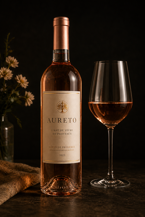 Bouteille de vin rosé de Provence avec verre assorti, ambiance élégante et fleurs en arrière-plan.
