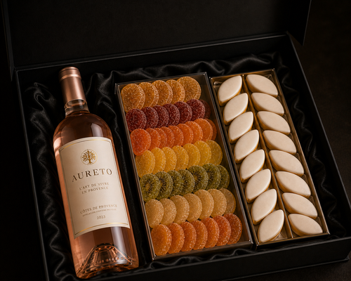Coffret cadeau avec bouteille de vin rosé, calissons et pâtes de fruits provençales.