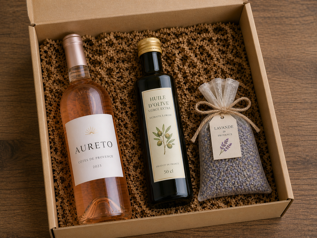 Coffret cadeau provençal avec bouteille de rosé, huile d’olive et sachet de lavande