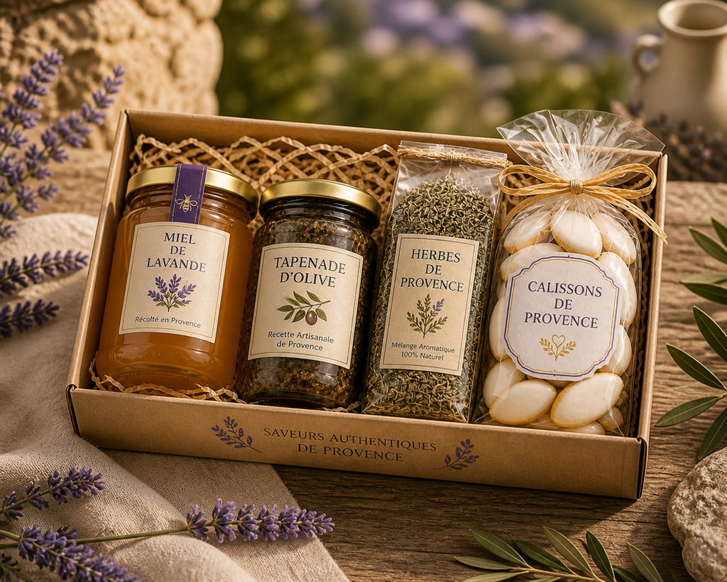 Artisanal Provence gourmet gift box with lavender honey, olive tapenade, herbs, and calissons