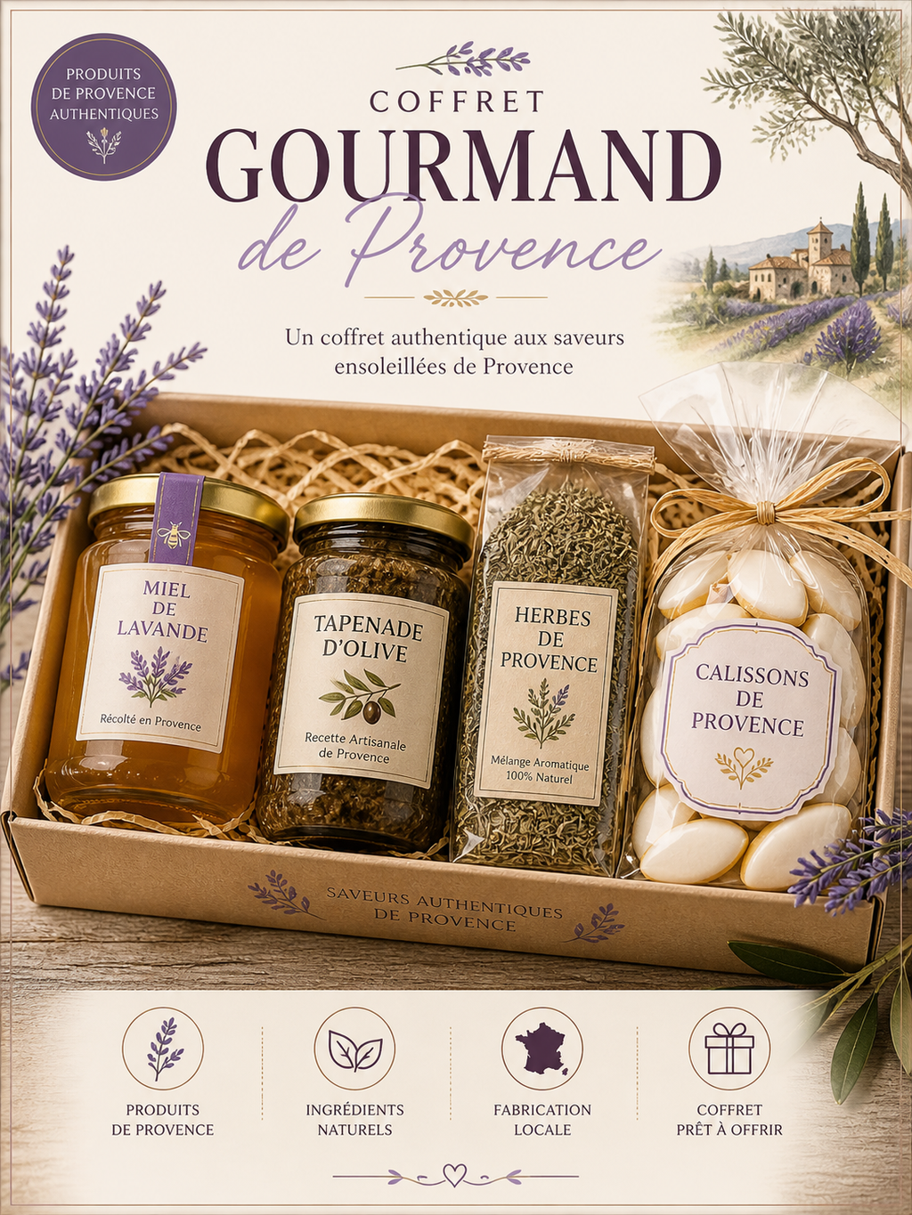 Coffret gourmand artisanal de Provence avec miel de lavande, tapenade, herbes et calissons.