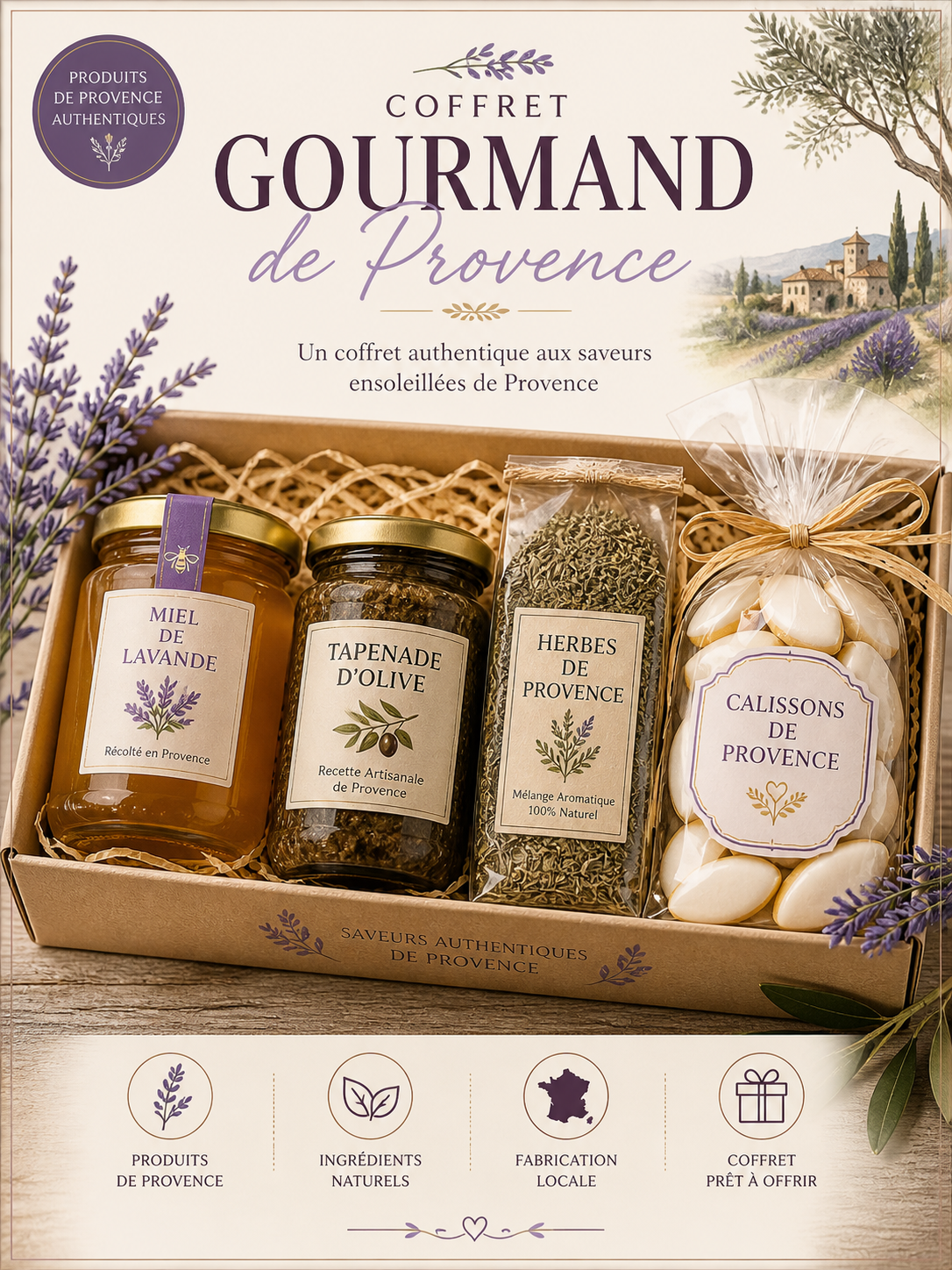 Coffret gourmand artisanal de Provence avec miel de lavande, tapenade, herbes et calissons.