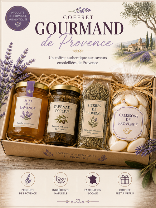 Coffret gourmand artisanal de Provence avec miel de lavande, tapenade, herbes et calissons.