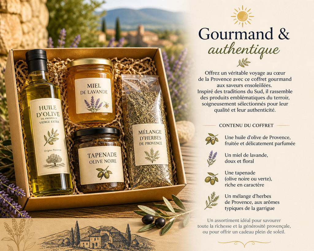 Coffret gourmand provençal avec huile d’olive, miel de lavande, tapenade, mélange d’herbes.