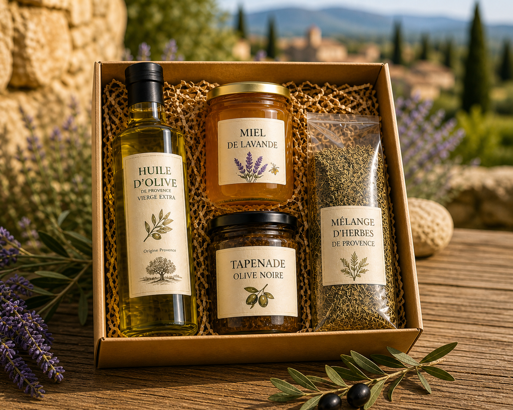 Gift box with Provence olive oil, lavender honey, black olive tapenade, and herb blend outdoors
