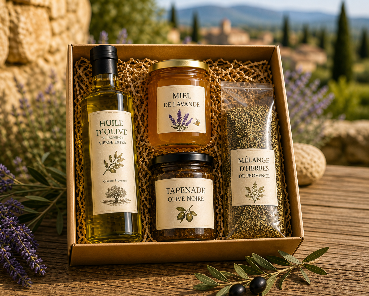 Gift box with Provence olive oil, lavender honey, black olive tapenade, and herb blend outdoors