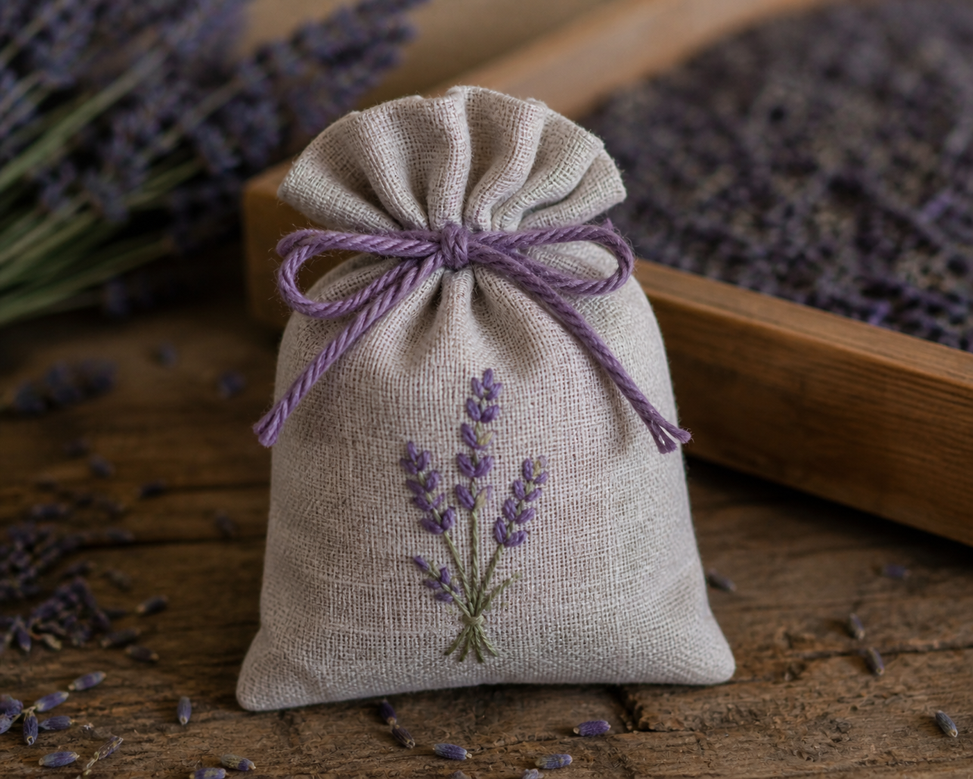 Sachet de lavande artisanal en lin sur table en bois, décor champêtre provençal