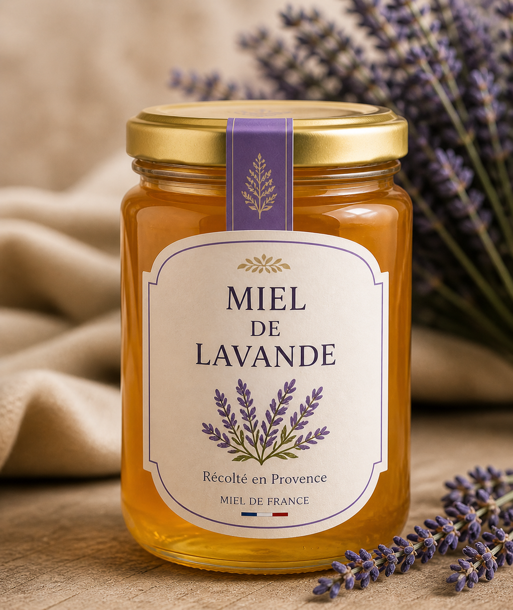 Pot de miel de lavande de Provence avec épis de lavande en décor, produit artisanal français
