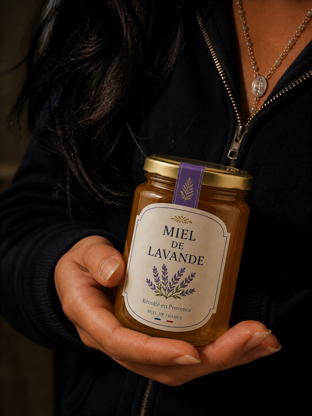 Pot de miel de lavande de Provence tenu en main, étiquette violette illustrée de lavande