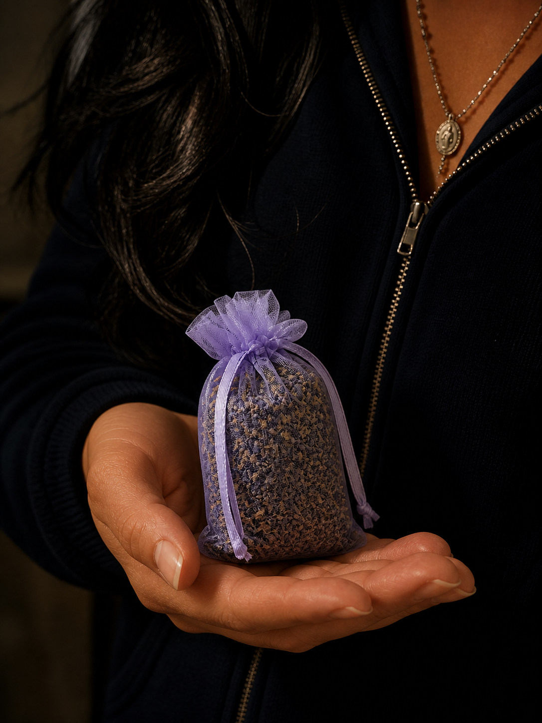 Sachet de lavande de Provence en organza mauve, tenu dans une main, senteur artisanale.