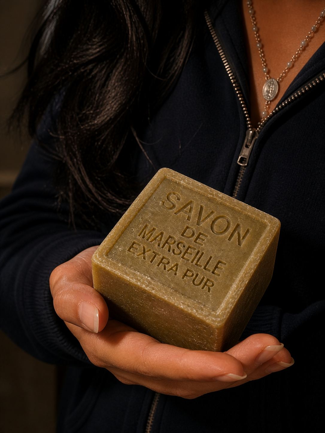 Savon de Marseille artisanal extra pur tenu dans une main, produit naturel de Provence.