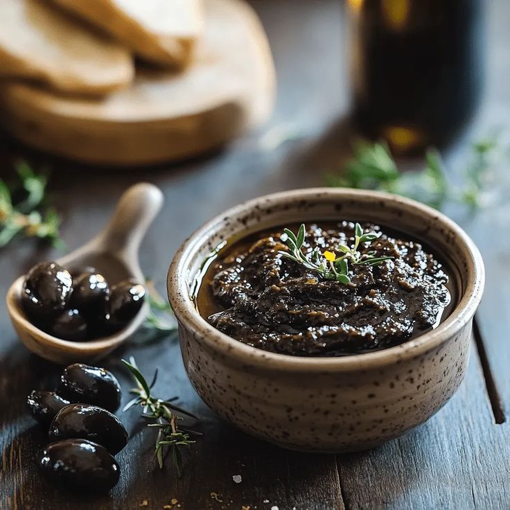 Bol de tapenade d'olives noires provençale, herbes fraîches, pain en arrière-plan